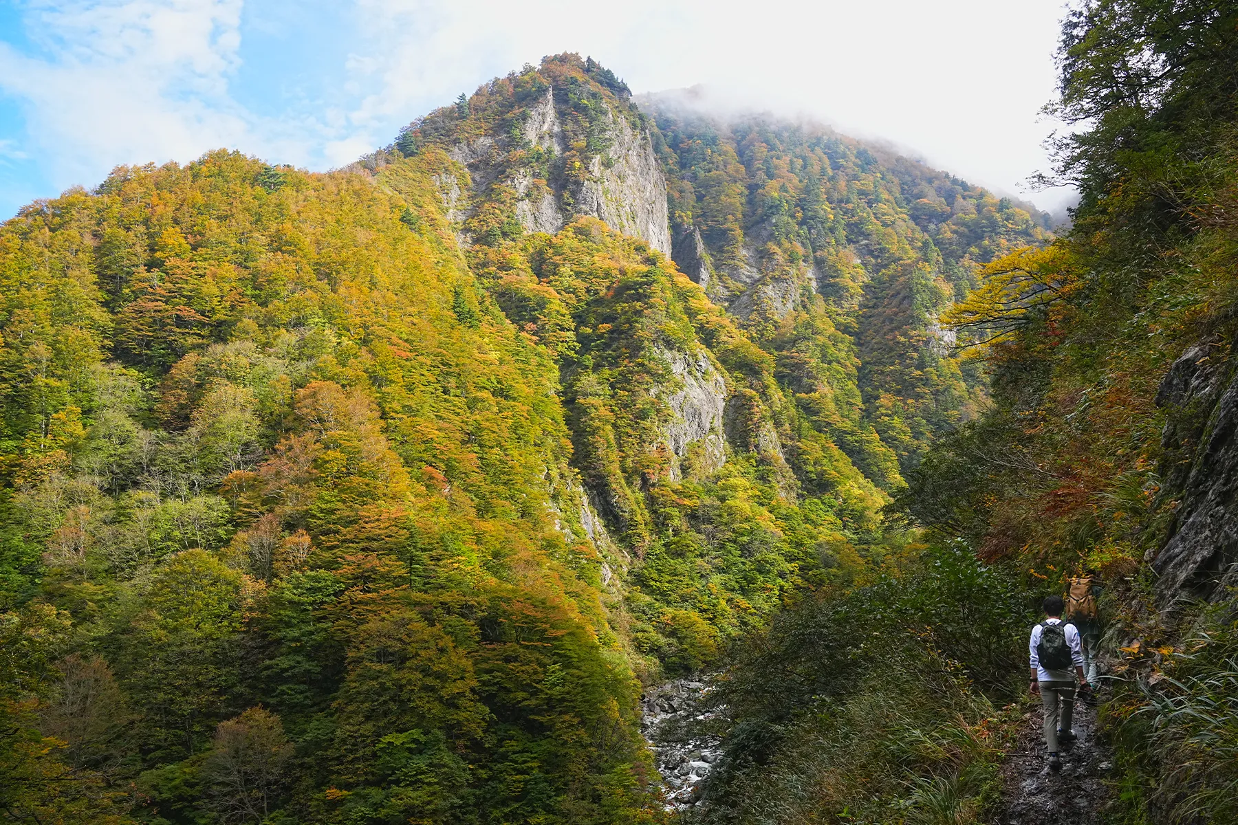 紅葉の裏巻機渓谷。急峻な渓谷を歩く絶壁ハイキング